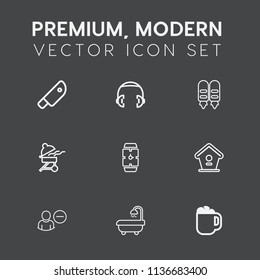 Modern, simple vector icon set on dark grey background with stereo, interior, meat, modern, bbq, birdhouse, house, knife, audio, sound, speaker, listen, food, cup, studio, , coffee, hand, grill icons