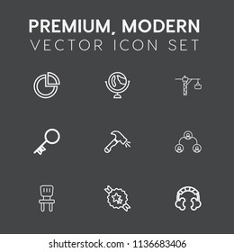 Modern, simple vector icon set on dark grey background with decorative, home, headset, security, audio, planet, chair, ribbon, hierarchy, graph, hammer, data, world, comfortable, house, key, map icons
