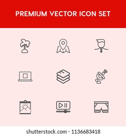 Modern, simple vector icon set on red background with coconut, palm, web, photo, medal, natural, white, video, achievement, profile, winner, navigation, shorts, blank, location, frame, tropical icons