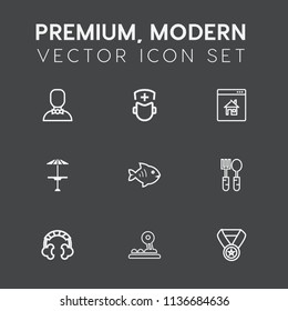 Modern, simple vector icon set on dark grey background with audio, light, seafood, white, success, award, kitchen, win, business, real, music, internet, doctor, surgeon, food, medicine, table icons