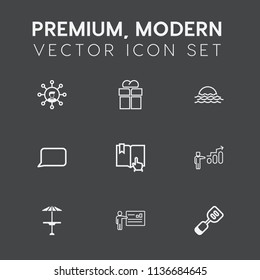 Modern, simple vector icon set on dark grey background with table, surprise, landscape, spatula, mobile, kitchen, bar, phone, pub, display, present, screen, growth, personal, sun, open, morning icons