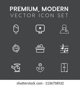 Modern, simple vector icon set on dark grey background with summer, ice, food, vanilla, public, music, presentation, computer, uniform, transportation, sea, nautical, interior, boat, support icons