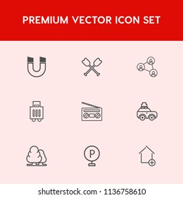 Modern, simple vector icon set on red background with landscape, urban, science, pole, travel, water, canoe, north, white, radio, south, airport, oar, sound, music, paddle, tree, new, road, boat icons
