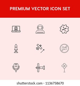 Modern, simple vector icon set on red background with online, spacesuit, communication, travel, airplane, cooler, ventilator, spaceman, song, spaceship, universe, video, label, people, karaoke icons