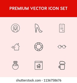 Modern, simple vector icon set on red background with leather, elegant, style, female, high, shoe, estate, eye, tool, home, girl, summer, woman, pub, finance, fashion, pretty, beautiful, rent icons