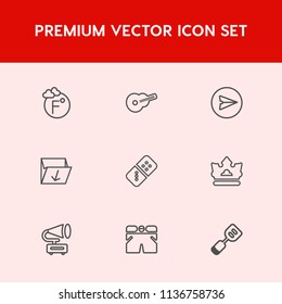 Modern, simple vector icon set on red background with gramophone, internet, box, record, tool, retro, wear, vintage, royal, scale, fashion, concert, communication, weather, king, spatula, row icons