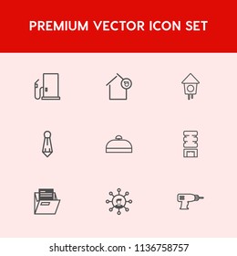 Modern, simple vector icon set on red background with tie, gasoline, oil, office, bag, pump, birdhouse, drill, file, white, bird, service, luggage, drink, suitcase, mortgage, screen, container icons