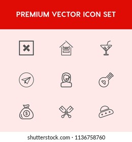 Modern, simple vector icon set on red background with web, drink, summer, string, supermarket, email, musical, headset, instrument, closed, call, internet, canoe, finance, woman, technology, ufo icons