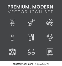 Modern, simple vector icon set on dark grey background with eye, customer, target, furniture, chair, safety, globe, guitar, hygiene, health, safe, sound, bank, cool, world, lock, music, wind icons