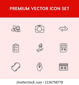 Modern, simple vector icon set on red background with video, checklist, business, team, sound, home, tape, office, mark, arrow, person, board, list, equipment, button, skater, idea, technology icons