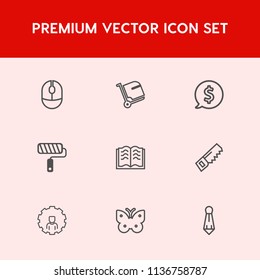 Modern, simple vector icon set on red background with input, web, tie, education, roll, computer, book, wing, butterfly, male, fly, mouse, suitcase, tool, optical, frame, online, brush, tag, saw icons