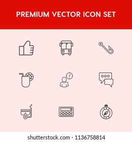 Modern, simple vector icon set on red background with transport, water, chat, compass, work, internet, search, transportation, clock, bubble, hook, sea, mask, button, rod, time, glass, juice icons