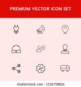Modern, simple vector icon set on red background with vacation, speed, sound, summer, location, label, vinyl, sale, user, entertainment, discount, retro, pointer, transportation, record, male icons
