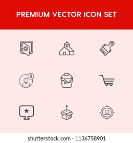 Modern, simple vector icon set on red background with trolley, business, architecture, customer, safe, industry, investment, shop, banking, safety, package, bucket, household, handle, money, new icons