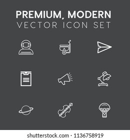 Modern, simple vector icon set on dark grey background with spacesuit, cello, web, extreme, space, shipping, snorkel, lamp, loud, sound, jump, spaceman, parachuting, astronomy, water, sea, music icons