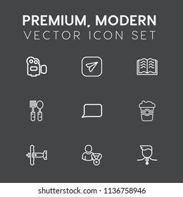 Modern, simple vector icon set on dark grey background with message, speech, email, spoon, page, paper, gold, cafe, talk, book, mug, dinner, handle, business, web, restaurant, medal, online, war icons