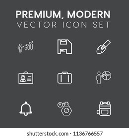 Modern, simple vector icon set on dark grey background with baggage, tool, people, growth, alert, business, female, man, development, backpack, businessman, travel, bag, presentation, success icons