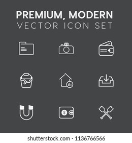 Modern, simple vector icon set on dark grey background with pole, paper, bucket, web, pay, dollar, magnetic, folder, water, finance, canoe, open, paddle, camera, estate, cash, film, empty, house icons