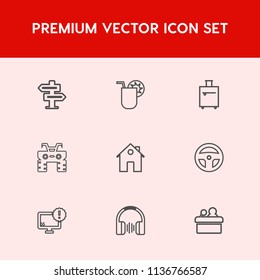 Modern, simple vector icon set on red background with door, estate, property, meeting, music, sign, quad, medicine, bag, internet, luggage, conference, tool, entrance, technology, juice, audio icons