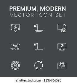 Modern, simple vector icon set on dark grey background with cortes, diploma, personal, frame, template, graduation, ocean, card, document, square, nature, male, id, blue, fashion, view, refresh icons