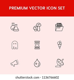 Modern, simple vector icon set on red background with loud, dessert, rain, time, hour, antenna, technology, medicine, white, drop, lab, vegetable, mushroom, satellite, laboratory, halloween icons