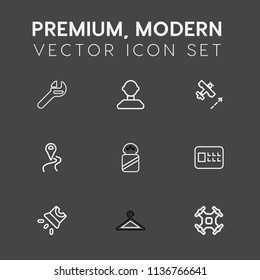 Modern, Simple Vector Icon Set On Dark Grey Background With Lock, Industry, Plane, Profile, Shop, Ingredient, Projector, Aerial, Safe, Route, Flight, Spanner, Clothes, Road, Spice, Hanger, Bank Icons