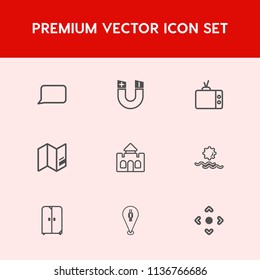 Modern, simple vector icon set on red background with home, travel, magnet, web, interior, nature, magnetic, morning, furniture, field, screen, map, north, castle, architecture, sun, speech, tv icons