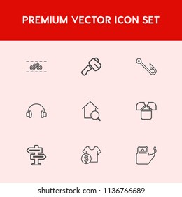 Modern, simple vector icon set on red background with online, audio, sport, fashion, estate, hanger, wheel, kitchen, transport, steam, axe, dont, cost, sale, shop, room, hot, water, search, ride icons