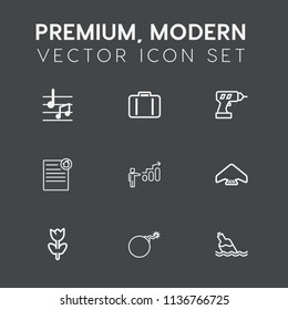 Modern, simple vector icon set on dark grey background with baggage, equipment, contract, parachute, clean, hand, nuclear, travel, flower, water, extreme, bottle, estate, document, parachuting icons