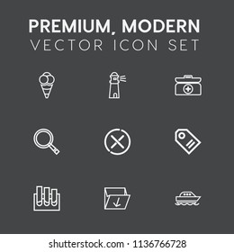 Modern, simple vector icon set on dark grey background with analysis, sky, medicine, beach, sweet, emergency, navigation, lighthouse, cancel, cold, scoop, cream, sea, food, ocean, aid, summer icons