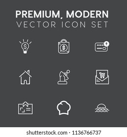 Modern, simple vector icon set on dark grey background with currency, earth, nature, list, market, morning, landscape, estate, house, businessman, sunrise, cook, technology, tag, business, chef icons