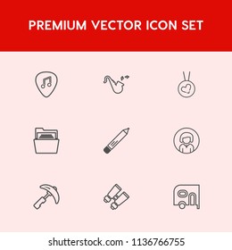 Modern, simple vector icon set on red background with lady, blank, face, white, girl, bugle, van, necklace, crane, stationery, love, paper, search, watch, trumpet, ring, sound, guitar, pen, car icons