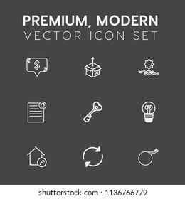 Modern, simple vector icon set on dark grey background with package, unpacking, shipping, template, sale, sign, document, morning, cardboard, square, bulb, landscape, nuclear, box, real, sun icons