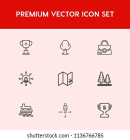 Modern, simple vector icon set on red background with trunk, communication, victory, competition, environment, map, world, road, travel, ship, sea, sport, leather, object, direction, tree, bag icons