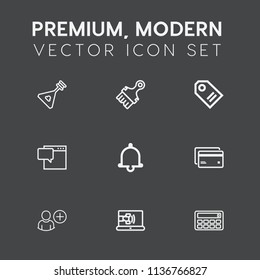Modern, simple vector icon set on dark grey background with label, bell, message, money, string, call, banking, alert, internet, alarm, debit, bubble, plastic, sound, melody, calculator, chat icons