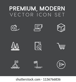 Modern, simple vector icon set on dark grey background with video, record, mexico, environment, communication, insulating, landscape, nature, box, shop, ocean, work, packaging, safety, message icons