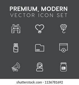 Modern, simple vector icon set on dark grey background with cable, wheel, document, architecture, love, business, heart, aluminum, race, fun, equipment, metal, building, record, music, sign, usb icons