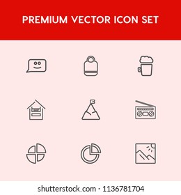 Modern, simple vector icon set on red background with scenery, background, fashion, cartoon, bar, glass, chart, mountain, photo, pub, cart, nature, record, modern, music, happy, style, leather icons