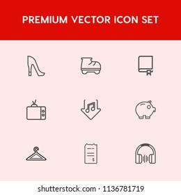 Modern, simple vector icon set on red background with school, encyclopedia, tv, audio, woman, elegant, finance, shop, financial, young, female, paper, leisure, white, girl, shoe, economy, fun icons