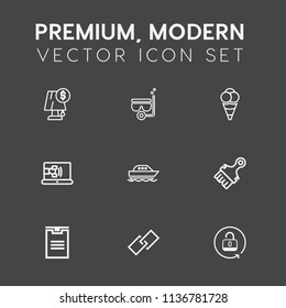 Modern, simple vector icon set on dark grey background with mask, package, snorkel, delivery, water, dessert, electric, brush, electricity, boat, yacht, internet, paintbrush, open, web, shipping icons