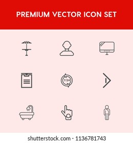 Modern, simple vector icon set on red background with help, person, wooden, index, bathroom, screen, call, people, white, boy, button, hand, cafe, right, sign, internet, business, profile, male icons