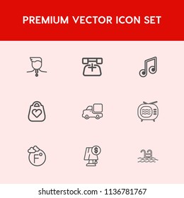 Modern, simple vector icon set on red background with call, pool, phone, lamp, truck, medal, vehicle, white, trophy, scale, light, blue, competition, communication, temperature, gold, contact icons