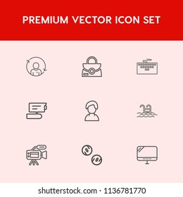 Modern, simple vector icon set on red background with view, blue, currency, technology, quality, style, bag, person, tv, cash, tripod, web, female, refresh, man, summer, rotation, money, pc icons