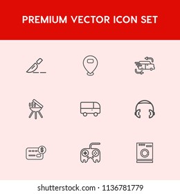 Modern, simple vector icon set on red background with transport, doctor, map, balance, care, transportation, health, music, headphone, machine, hospital, fast, card, bus, web, arrow, money, meat icons