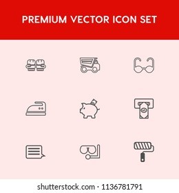 Modern, simple vector icon set on red background with glass, message, clothes, glove, housework, sea, investment, heavy, tipper, lorry, paint, training, boxing, vehicle, domestic, roll, brush icons