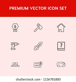 Modern, simple vector icon set on red background with competition, drill, champion, machine, head, cap, graphic, first, tool, award, home, house, place, blade, left, highway, equipment, old, axe icons