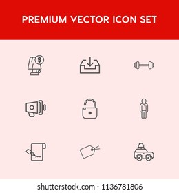 Modern, simple vector icon set on red background with arrow, download, interior, boy, loud, healthy, fit, barbell, workout, speaker, strength, bulb, lamp, man, button, electric, car, megaphone icons
