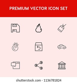 Modern, simple vector icon set on red background with internet, car, order, vehicle, tag, tourism, food, greece, ripe, organic, juicy, floppy, fahrenheit, taxi, white, computer, diskette, green icons