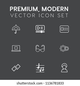 Modern, Simple Vector Icon Set On Dark Grey Background With Finance, Profile, Object, Note, Rain, Volume, Musical, Parasol, Business, Play, Lock, Link, Security, White, Button, Sound, Open, User Icons