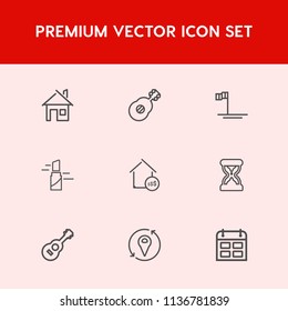 Modern, simple vector icon set on red background with blue, estate, beauty, property, sound, female, modern, red, sea, timer, mexico, lipstick, schedule, guitar, day, makeup, clock, timetable icons